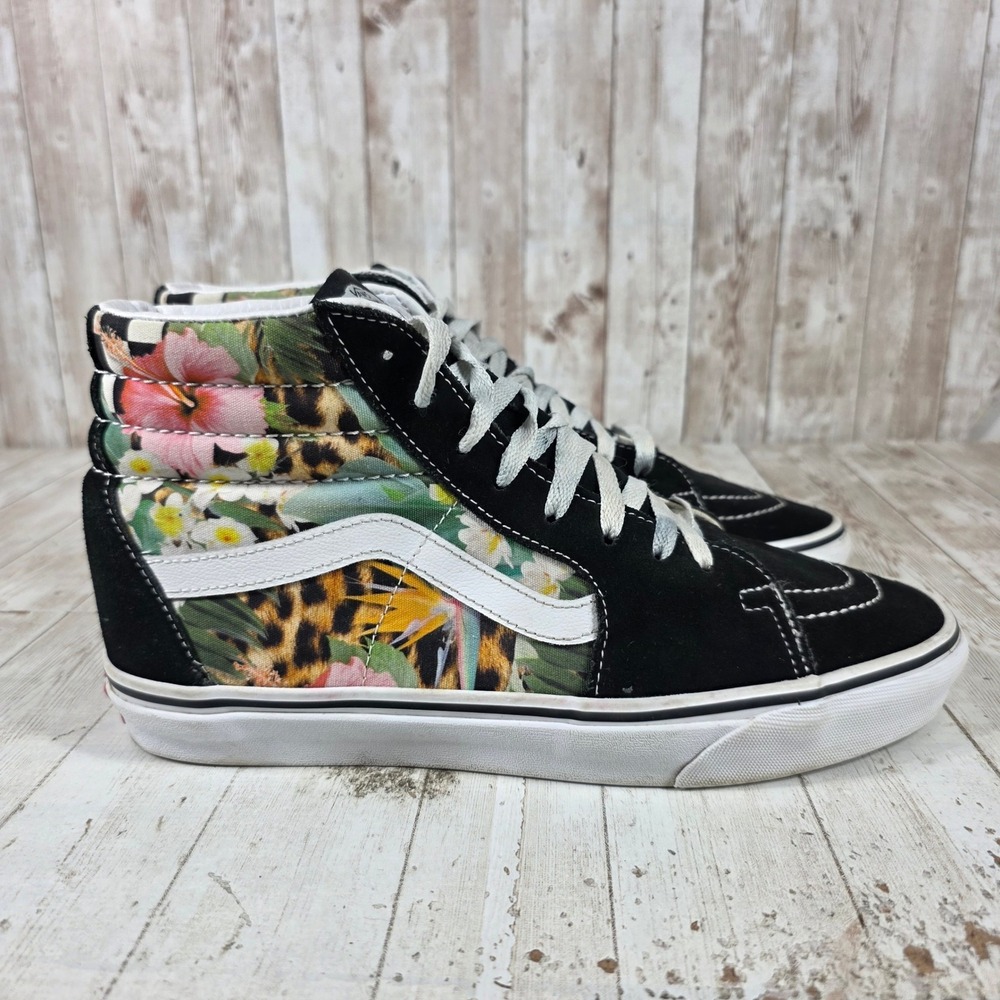Vans Sk8-Hi High Top Sneakers Mens 9.5 Floral Leopard Print Black Suede Shoes